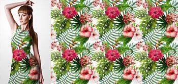 07021 Materiał ze wzorem malowane tropikalne liście i kwiaty (storczyki, hibiskus)